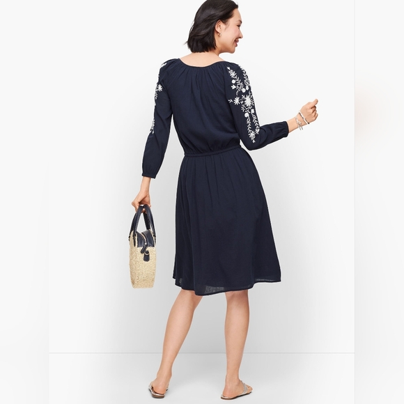 Talbots Dark Blue Dress with White Floral Embroidery Size Sp Made INDIA - Picture 3 of 14
